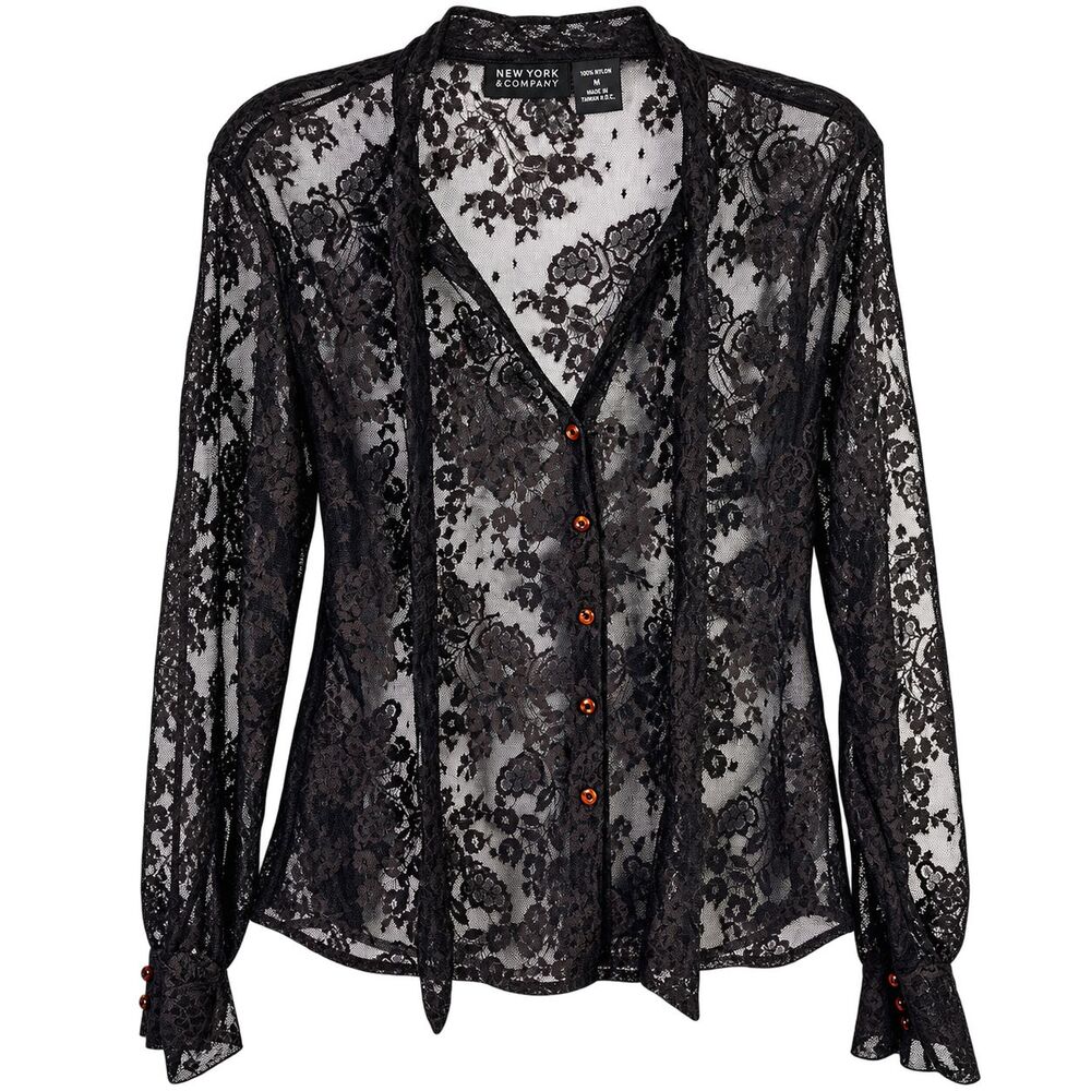 Vintage 90s Y2K New York & Company Black Floral Lace Sheer Button Front Blouse M